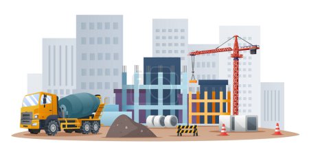 Téléchargez les illustrations : Concept de chantier avec camion bétonnière et illustration d'équipement matériel - en licence libre de droit