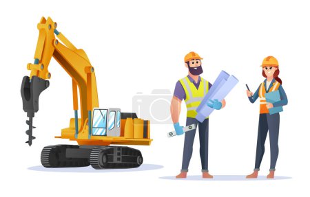 Illustration for Male and female construction engineer characters with drill excavator illustration - Royalty Free Image