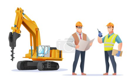 Illustration for Construction foreman and engineer character with drill excavator illustration - Royalty Free Image