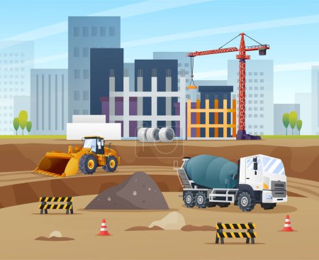 Illustration for Construction site concept with wheel loader, concrete mixer truck and material equipment illustration - Royalty Free Image