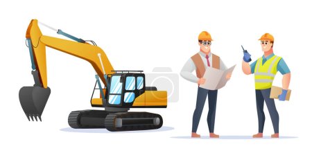 Illustration for Construction foreman and engineer character with excavator illustration - Royalty Free Image