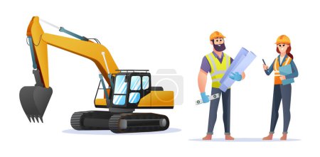 Illustration for Male and female construction engineer characters with excavator illustration - Royalty Free Image