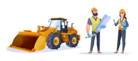 Illustration for Male and female construction engineer characters with wheel loader illustration - Royalty Free Image
