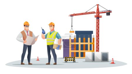 Illustration for Construction foreman and engineer character on construction site with tower crane illustration - Royalty Free Image