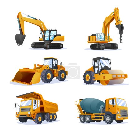 Illustration for Collection of construction heavy machinery vehicles isolated illustration - Royalty Free Image