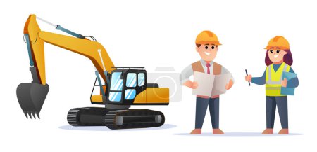 Illustration for Cute construction foreman and female engineer characters with excavator illustration - Royalty Free Image