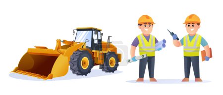 Illustration for Cute construction engineer characters with wheel loader illustration - Royalty Free Image