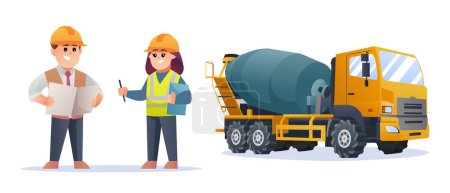 Illustration for Cute construction foreman and female engineer characters with concrete mixer truck illustration - Royalty Free Image