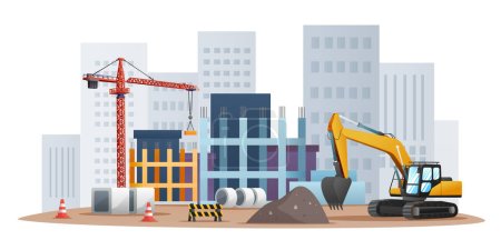 Illustration for Construction site concept with excavator and material equipment illustration - Royalty Free Image