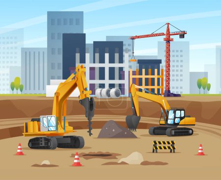 Illustration for Construction site concept with excavators and material equipment cartoon illustration - Royalty Free Image