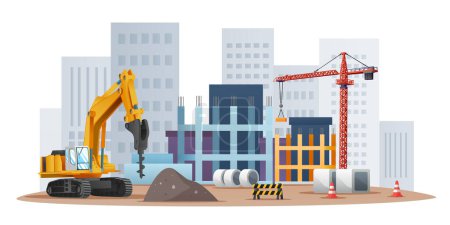 Ilustración de Concepto del sitio de construcción con excavadora de taladro e ilustración del equipo de materiales - Imagen libre de derechos