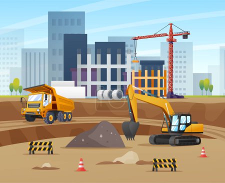 Téléchargez les illustrations : Concept de chantier avec illustration de camion, pelle et équipement matériel - en licence libre de droit