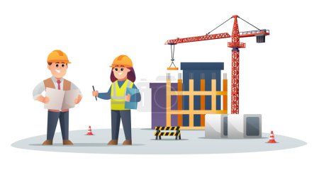 Illustration for Cute construction foreman and female engineer characters on construction site with tower crane illustration - Royalty Free Image