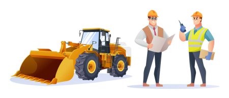 Construction foreman and engineer character with wheel loader illustration