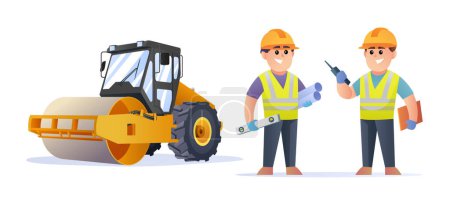 Illustration for Cute construction engineer characters with steamroller compactor illustration - Royalty Free Image