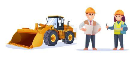 Illustration for Cute construction foreman and female engineer characters with wheel loader illustration - Royalty Free Image