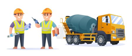 Illustration for Cute construction engineer characters with concrete mixer truck illustration - Royalty Free Image