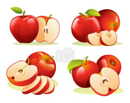 Téléchargez les illustrations : Lot de pommes fraîches entières, coupées en deux et coupées en tranches, isolées sur fond blanc - en licence libre de droit