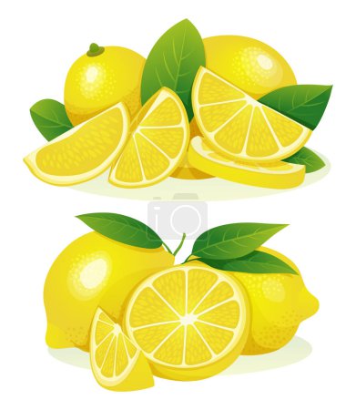 Téléchargez les illustrations : Ensemble de tranches entières, moitié citron frais et coupées avec illustration de feuilles isolées sur fond blanc - en licence libre de droit