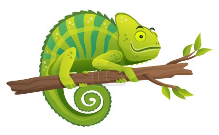 Cute chameleon sitting on branch cartoon illustration