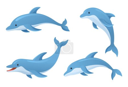 Cute dolphins in various poses cartoon illustration