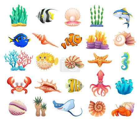 Meerestiere, Muscheln und Korallenriffe Cartoon-Sammlung