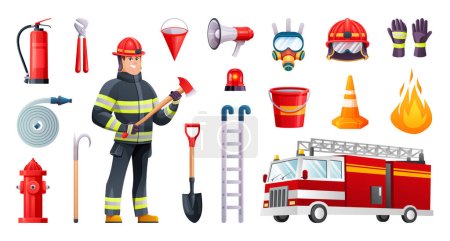 Firefighter character and equipment cartoon illustration isolated on white background