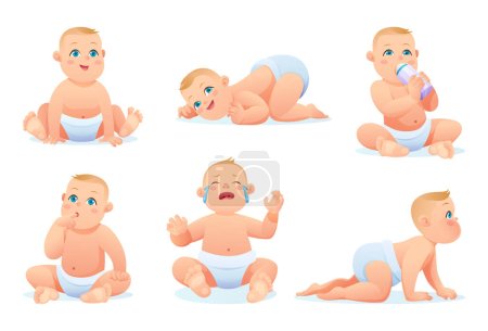 Conjunto de lindo bebé con pañal en varias poses y situaciones, personaje de dibujos animados vectoriales