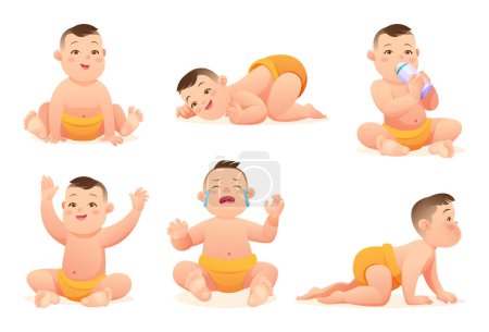 Ilustración de Conjunto de adorable bebé niño con pañal en varias poses y situaciones, personaje de dibujos animados vectoriales - Imagen libre de derechos