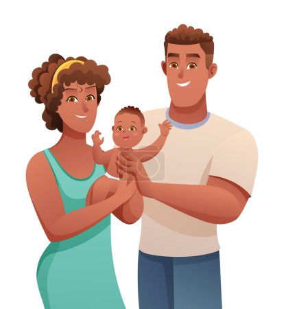 Téléchargez les illustrations : Heureux jeunes parents avec leur mignon petit bébé dans le style de dessin animé - en licence libre de droit