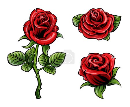 Téléchargez les illustrations : Ensemble de fleurs roses rouges vintage en style tatouage - en licence libre de droit