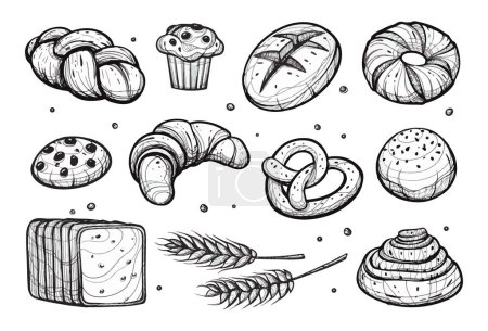 Téléchargez les illustrations : Ensemble de pains variés. Pâtisserie pâtisserie illustration vectorielle dessinée à la main - en licence libre de droit