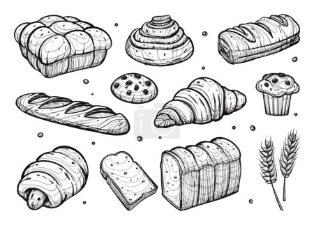 Ilustración de Conjunto de ilustración de panes. Panadería productos de pastelería dibujado a mano boceto aislado en blanco - Imagen libre de derechos