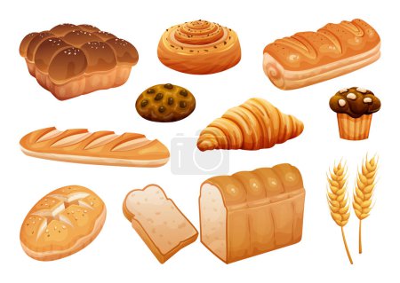 Téléchargez les illustrations : Ensemble d'illustration de pain. Pâtisseries de boulangerie isolées sur blanc - en licence libre de droit