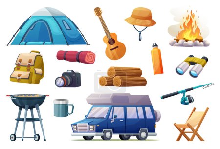 Ilustración de Conjunto de herramientas y equipos de recreación de camping en estilo de dibujos animados - Imagen libre de derechos