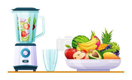 Téléchargez les illustrations : Smoothie dans mélangeur mélangeur avec divers fruits frais illustration - en licence libre de droit