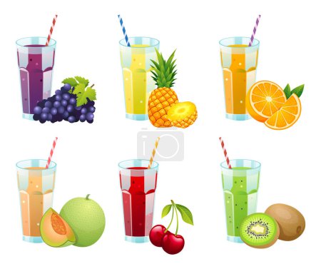 Téléchargez les illustrations : Jeu de différents jus de fruits frais dans des verres illustration - en licence libre de droit