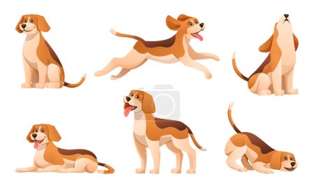Conjunto de perro beagle en varias poses de dibujos animados