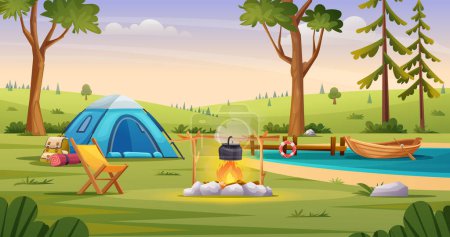 Ilustración de Paisaje del campamento matutino con colinas y vista al lago ilustración - Imagen libre de derechos