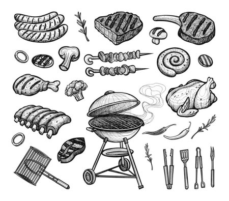 Téléchargez les illustrations : Ensemble d'éléments de partie barbecue viande grillée et ingrédients croquis dessiné à la main. Illustration de concept BBQ - en licence libre de droit