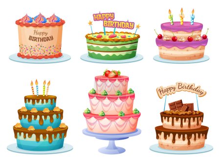 Ilustración de Colorido pastel de cumpleaños conjunto ilustración de dibujos animados - Imagen libre de derechos