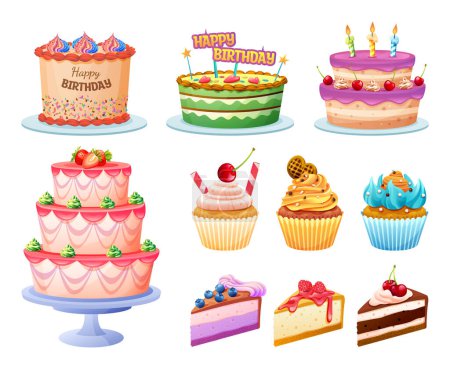 Conjunto de varios colores deliciosos pasteles ilustración