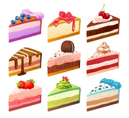 Set aus verschiedenen süßen Kuchenstücken Cartoon-Illustration