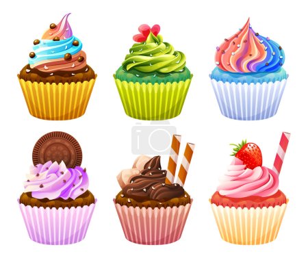 Set of delicious cupcakes cartoon illustration