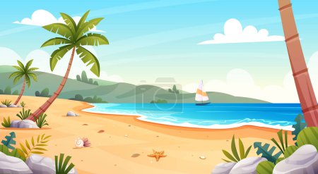 Ilustración de Paisaje de playa tropical con velero y palmeras en la orilla del mar. Vacaciones de verano fondo concepto de dibujos animados - Imagen libre de derechos