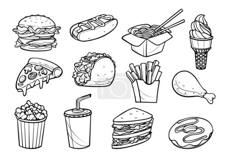 Hand drawn fast food and beverage in doodle style