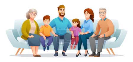 Glückliche Familie, die mit Vater, Mutter, Großvater, Großmutter und Kindern auf der Couch sitzt. Familiencharakterkonzept im Cartoon-Stil
