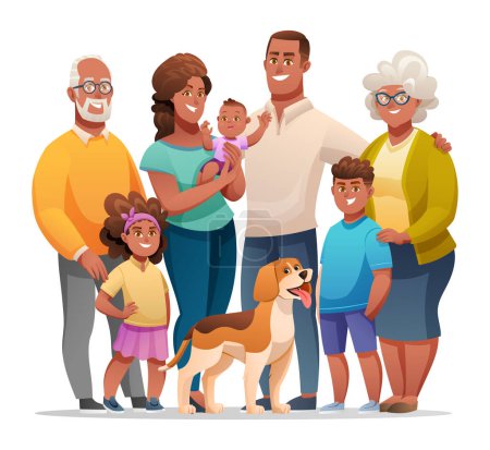 Illustrazione per Ritratto di grande famiglia felice con padre, madre, nonno, nonna, figli e un animale domestico. Concetto di personaggio familiare in stile cartone animato - Immagini Royalty Free