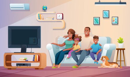 Familia feliz viendo la televisión juntos en la sala de estar. Ilustración familiar en estilo de dibujos animados