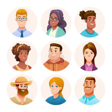 Téléchargez les illustrations : Collection de personnages avatar de personnes. Avatars masculins et féminins dans le style de dessin animé - en licence libre de droit